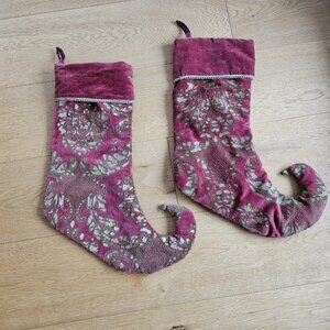 April Cornell Christmas Stocking Red Gold Velvet Pointy Boots Burgundy, Set Of 2